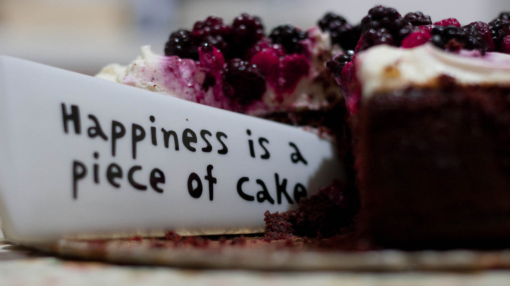 Piece of cake with knife that says happiness is a piece of cake