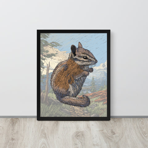A framed print of a hand drawn chipmunk in front of a faded background.  The print is sitting on the floor, leaning against a white wall.