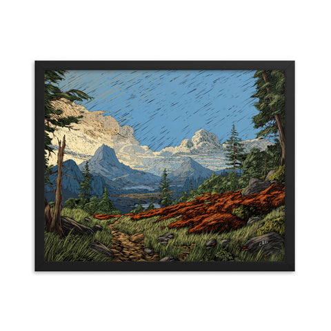 A framed print of a hand drawn landscape with trees, and mountains.