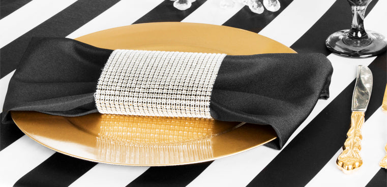 Black and White Stripe Tablecloth with Gold Metallic Chiavari Chair and Rhinestone accents