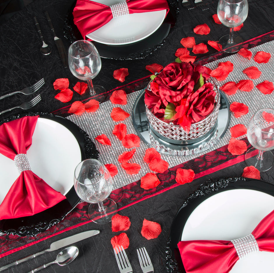 Black Lace table runner with apple red napkins and table runner with rhinestone napkin rings