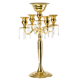 Candelabra Centerpiece with Hanging Crystals - Gold