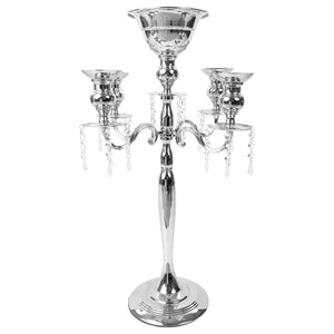 Candelabra Centerpiece with Hanging Crystals - Silver
