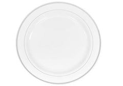 Classic Plastic Plates 10.25″ Large (10/pk) – White/Silver Trim