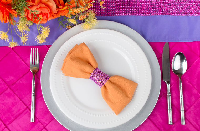 inexpensive event decor fuchsia orange polyester purple rhinestone napkin