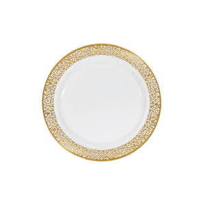 Classic Plastic Plates 7.5″ Small (10/pk) – White/Gold Trim