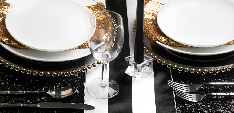 black sequins stripes gold glitz napkins striped tablescape