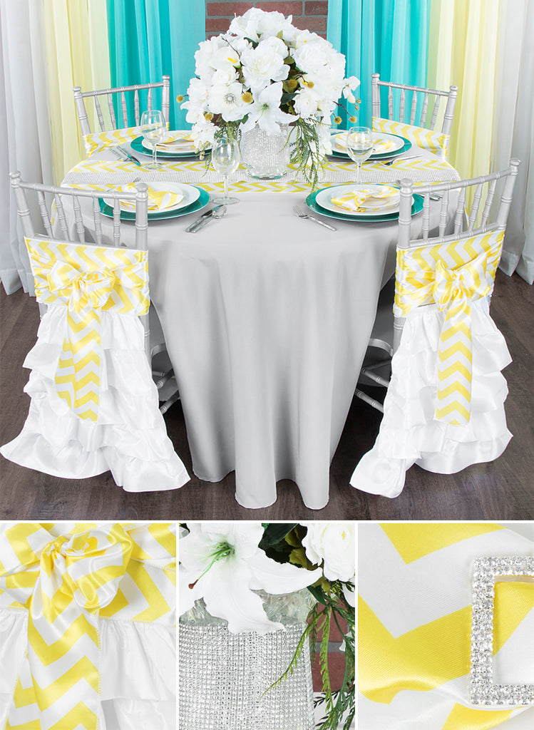 Silver Tablecloths Satin Yellow Chevron Gray Polyester Sheer Drapes Rhinestone Roll Baby Shower Wedding Reception Spring Event Easter