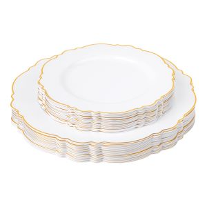 Scallop Disposable Plastic Plates 40 pcs Combo Pack - White Gold-Trimmed