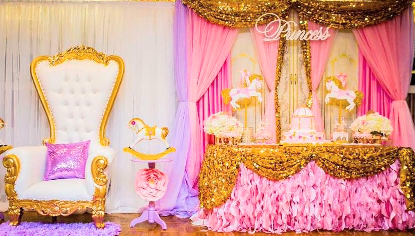 Princess carousel baby shower with pink, lavender, and gold sequins