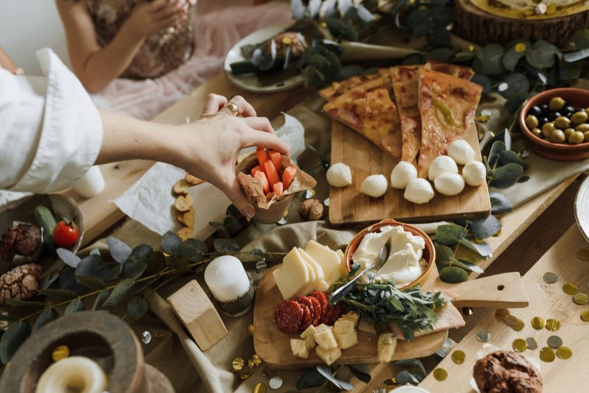 delicious pizza with charcuterie board