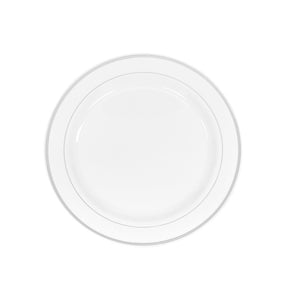 Classic Plastic Plates 10.25″ Large (10/pk) – White/Silver Trim