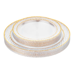 Hammered Disposable Plastic Plates 40 pcs Combo Pack - Clear Gold-Trimmed