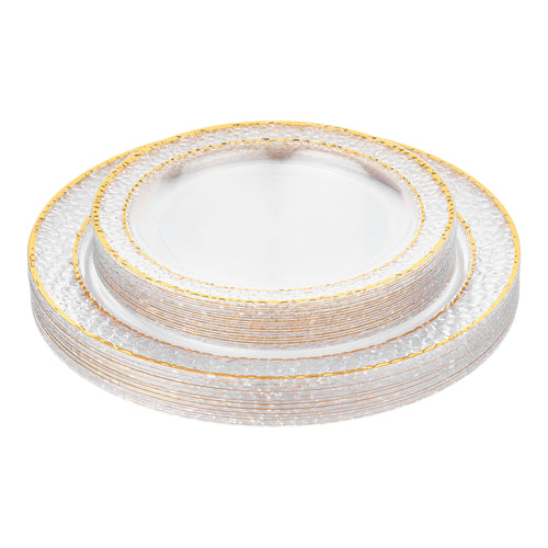 Hammered Disposable Plastic Plates 40 pcs Combo Pack - Clear Gold-Trimmed