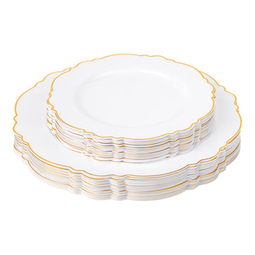 10 Pack White Hard Plastic Dinner Plates, Disposable Tableware, Baroque Heavy  Duty Plates With Gold Rim 11
