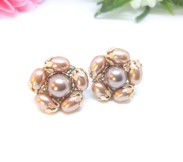 1950's Vendome Vintage Clip On Earrings with Faux Pearl and Rhinestone