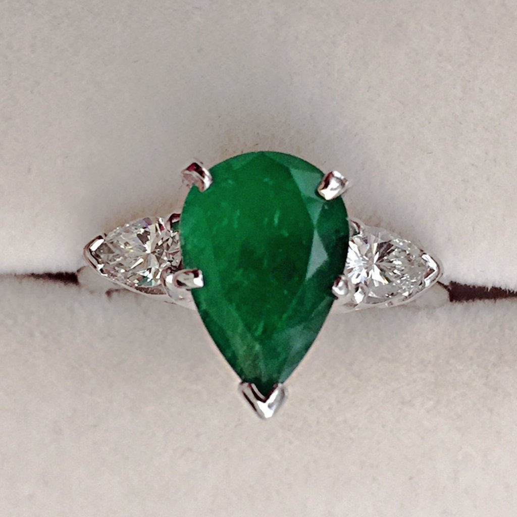 Antique Platinum Emerald And Diamond Engagement Ring 3 Stone Pear Shape Emeraldsmaravellous 0766