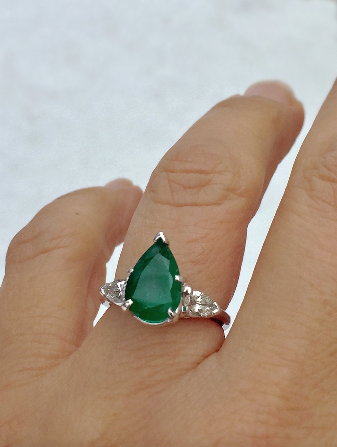 Antique Platinum Emerald And Diamond Engagement Ring 3 Stone Pear Shape Emeraldsmaravellous 3969