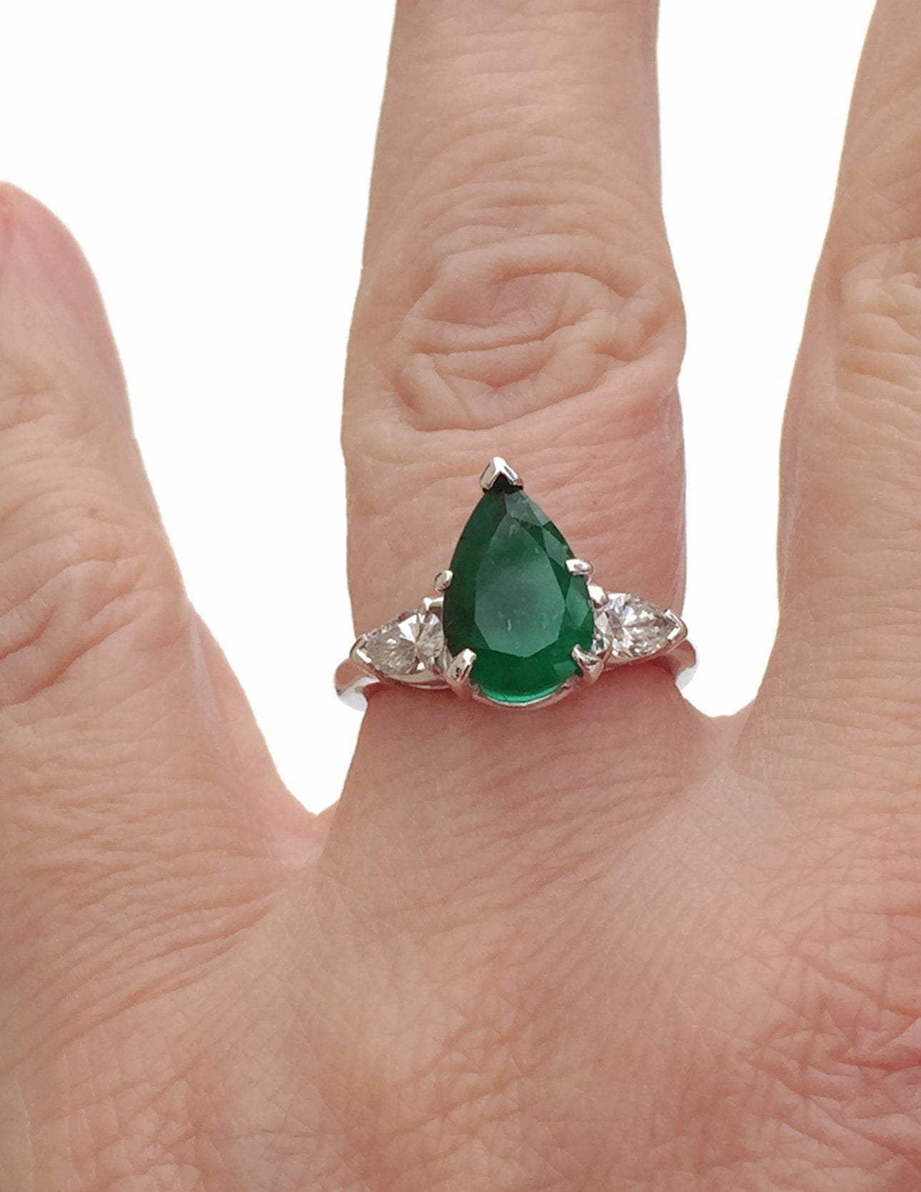 Antique Platinum Emerald And Diamond Engagement Ring 3 Stone Pear Shape Emeraldsmaravellous 9321