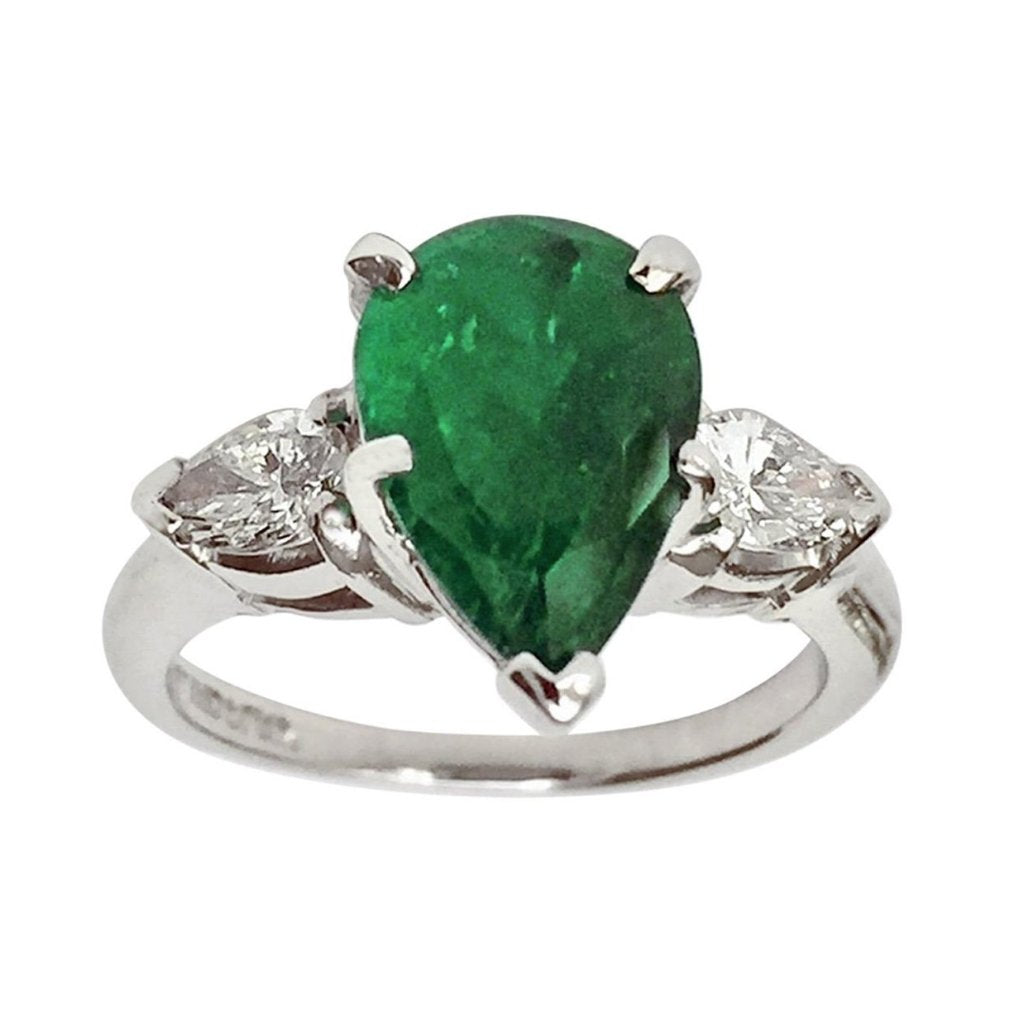 Antique Platinum Emerald And Diamond Engagement Ring 3 Stone Pear Shape Emeraldsmaravellous 2520