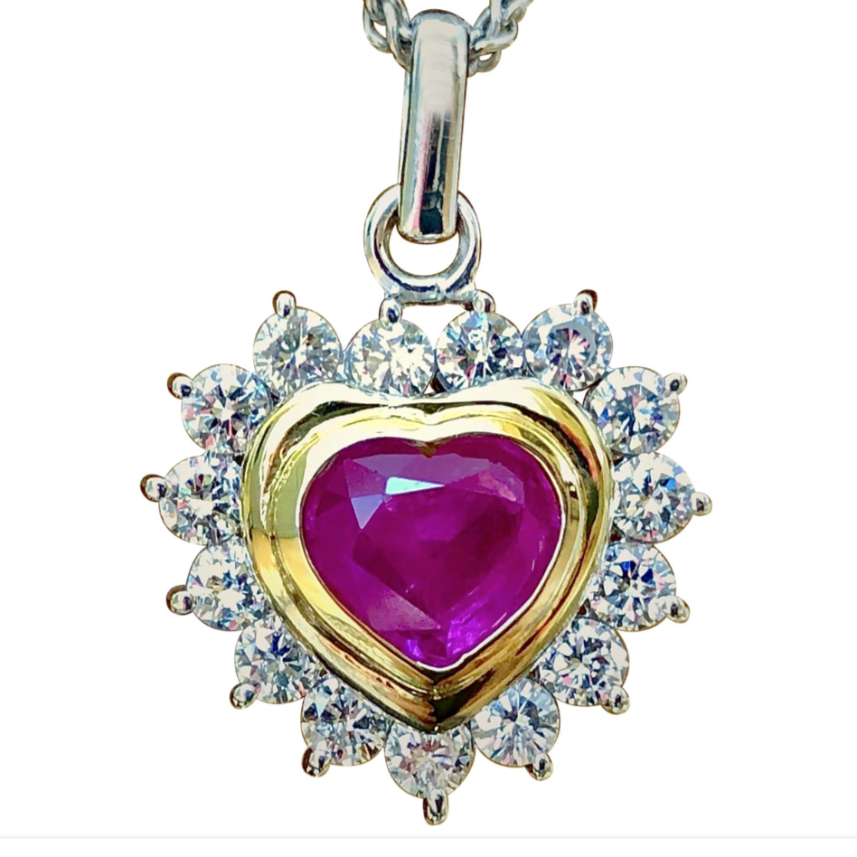 Genuine Natural Burma Ruby Diamonds Heart Pendant 18K White Gold ...