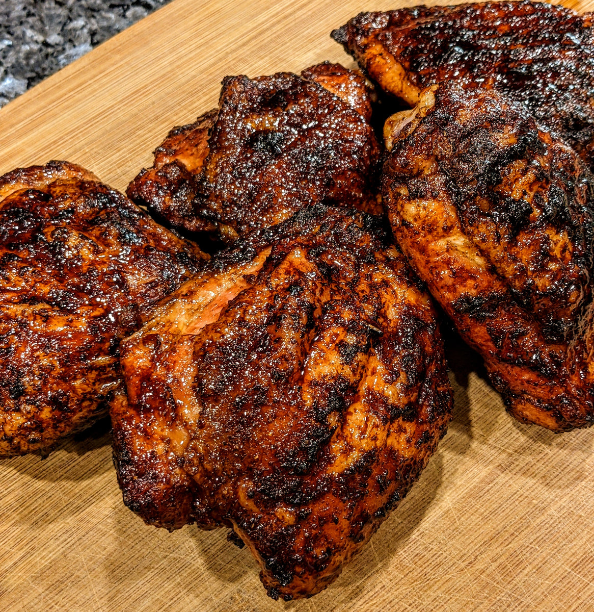 Soy Bourbon Butter Chicken Thighs - Bear Mountain BBQ