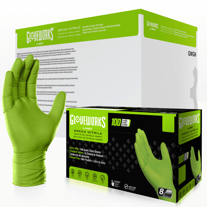 Gloveworks HD 8 mil Green Nitrile Disposable Industrial Gloves with Raised Diamond Texture - Sample Pack - GWGN