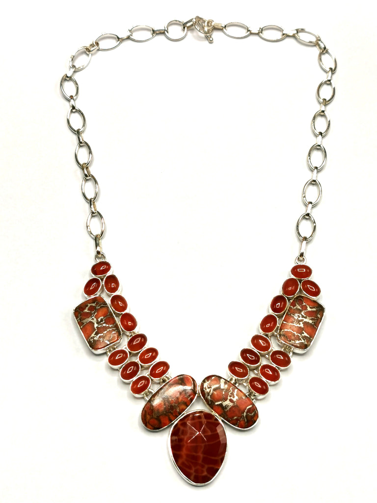 925 Silver Necklace made with crackled fire agate, copper turquoise an
