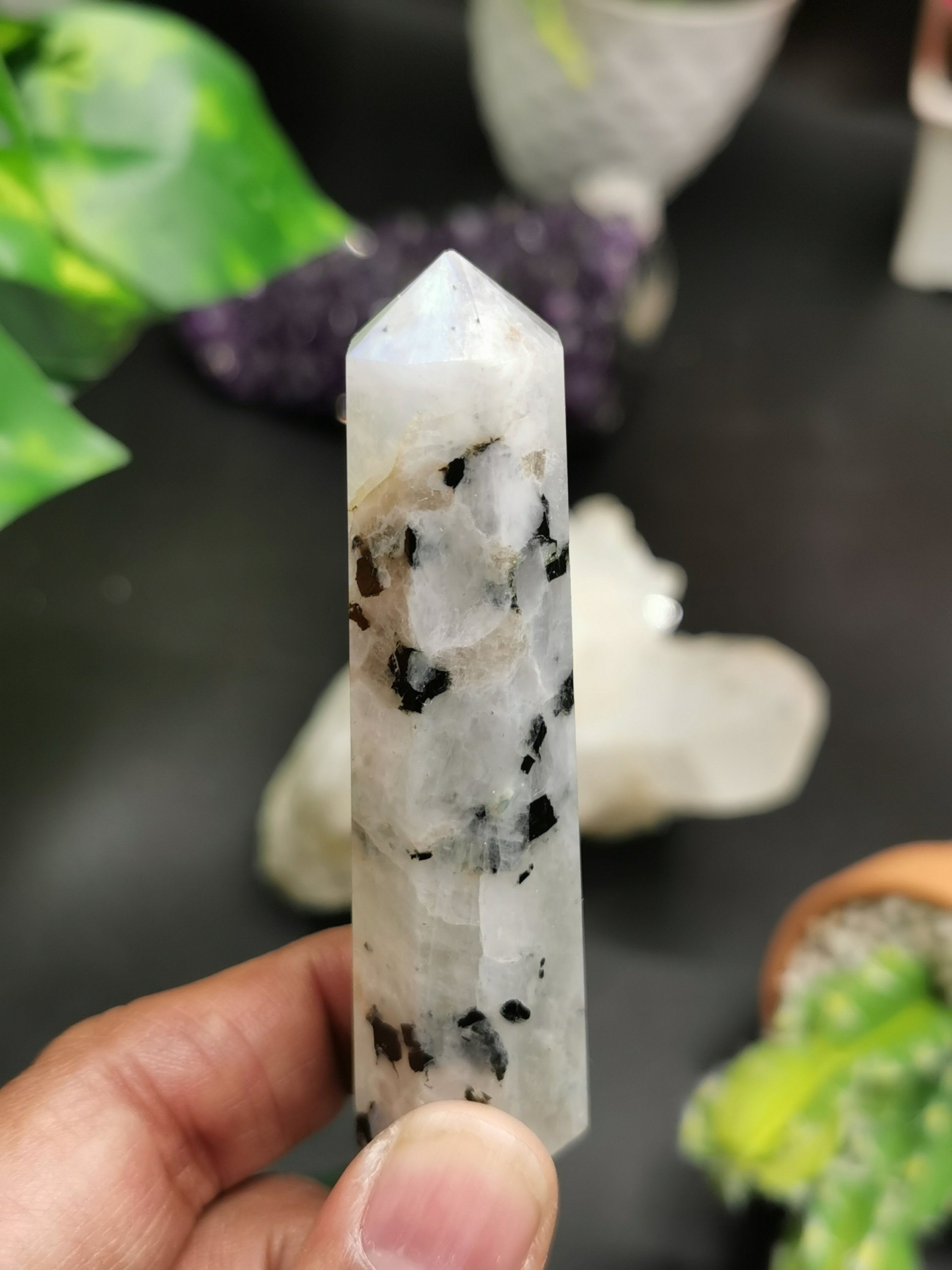 Natural rainbow moonstone point - handmade crystal carvings - used in
