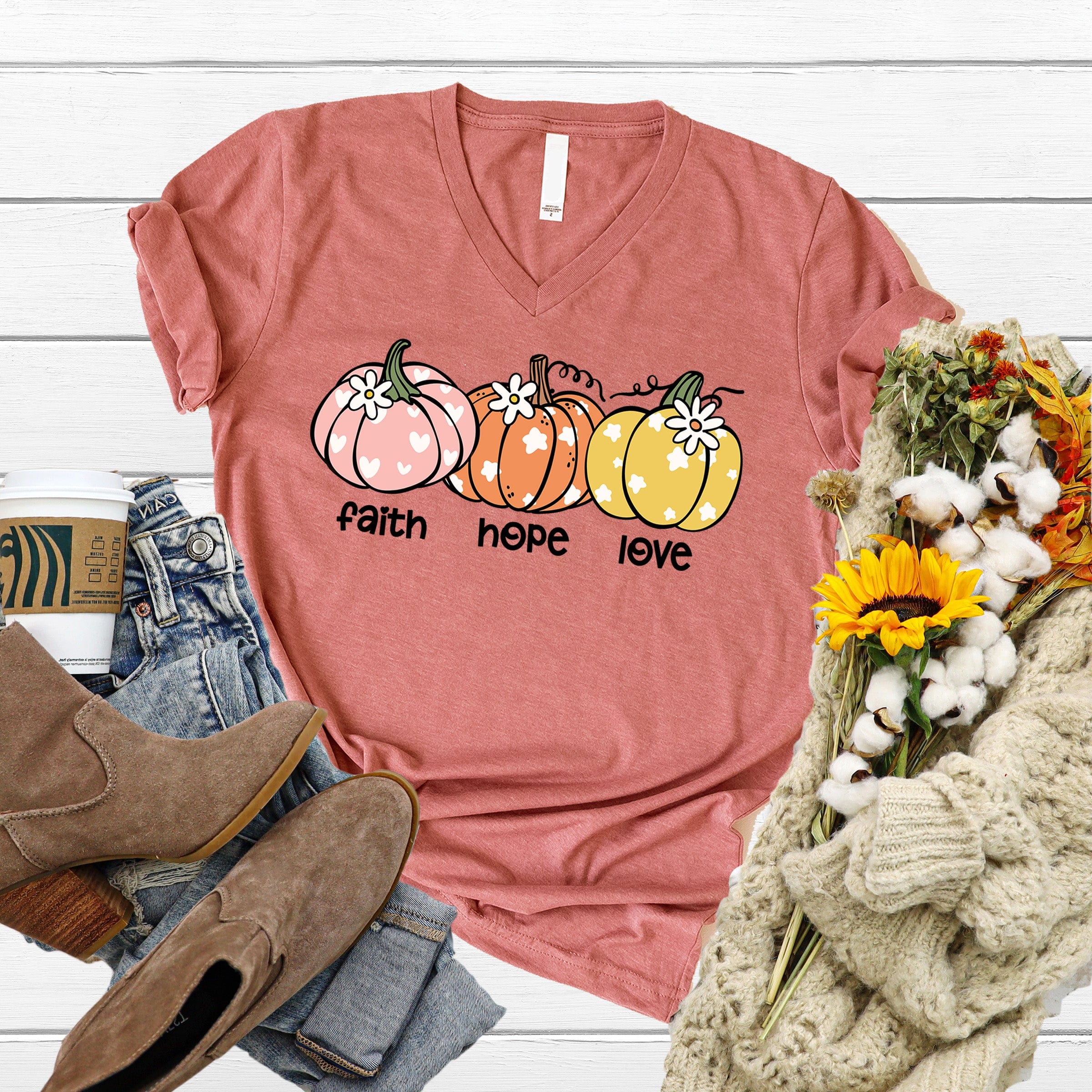 Faith Hope Love Pumpkins V-Neck