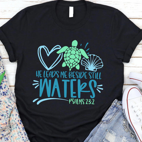 Christian women's t-shirt He leads me 