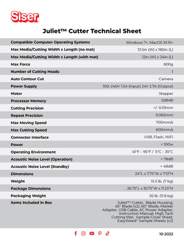 Juliet cutter technical data from Siser and Clean Cut Graphics