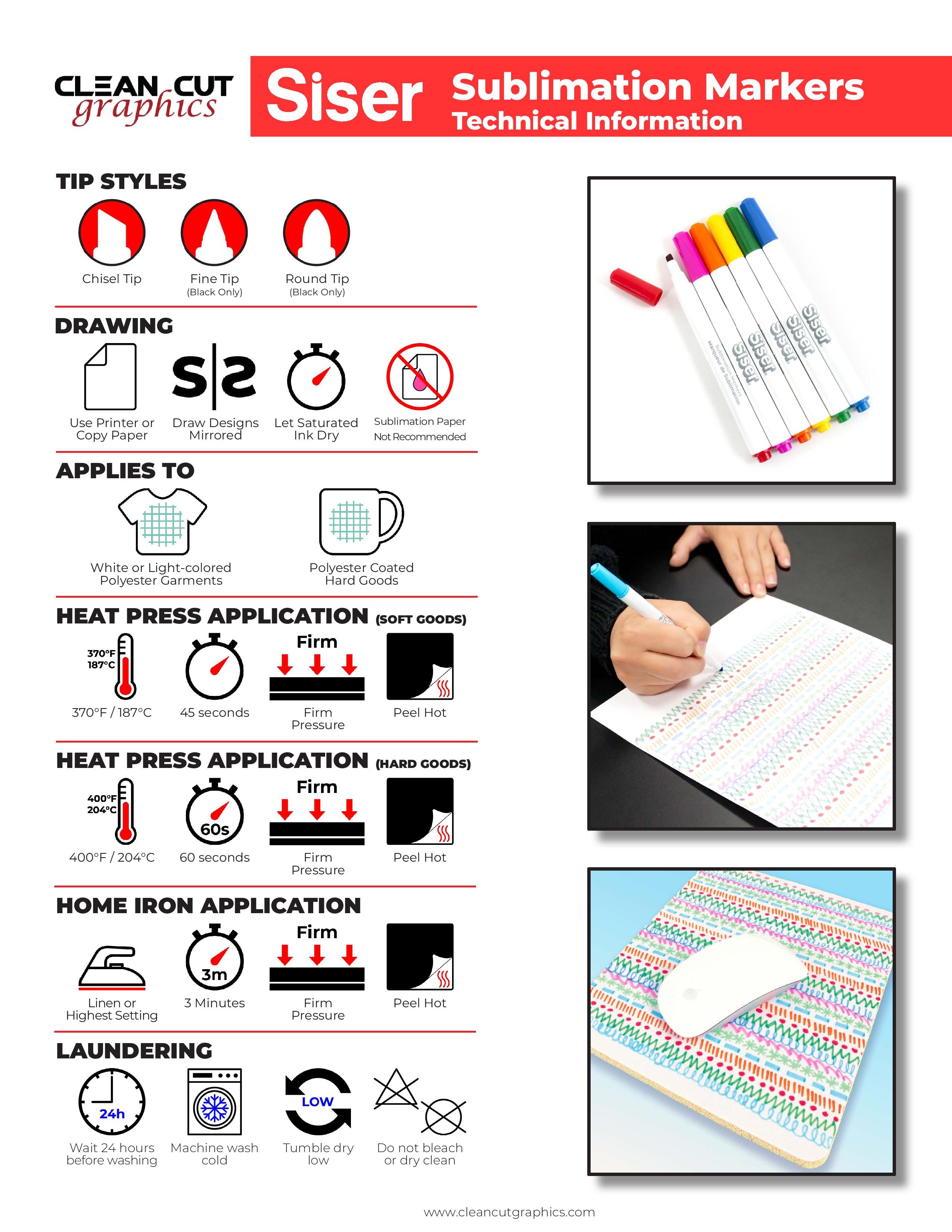 Siser Sublimation Markers Instructional Tutorial Sheet shows you how to use the markers with heat settings and more