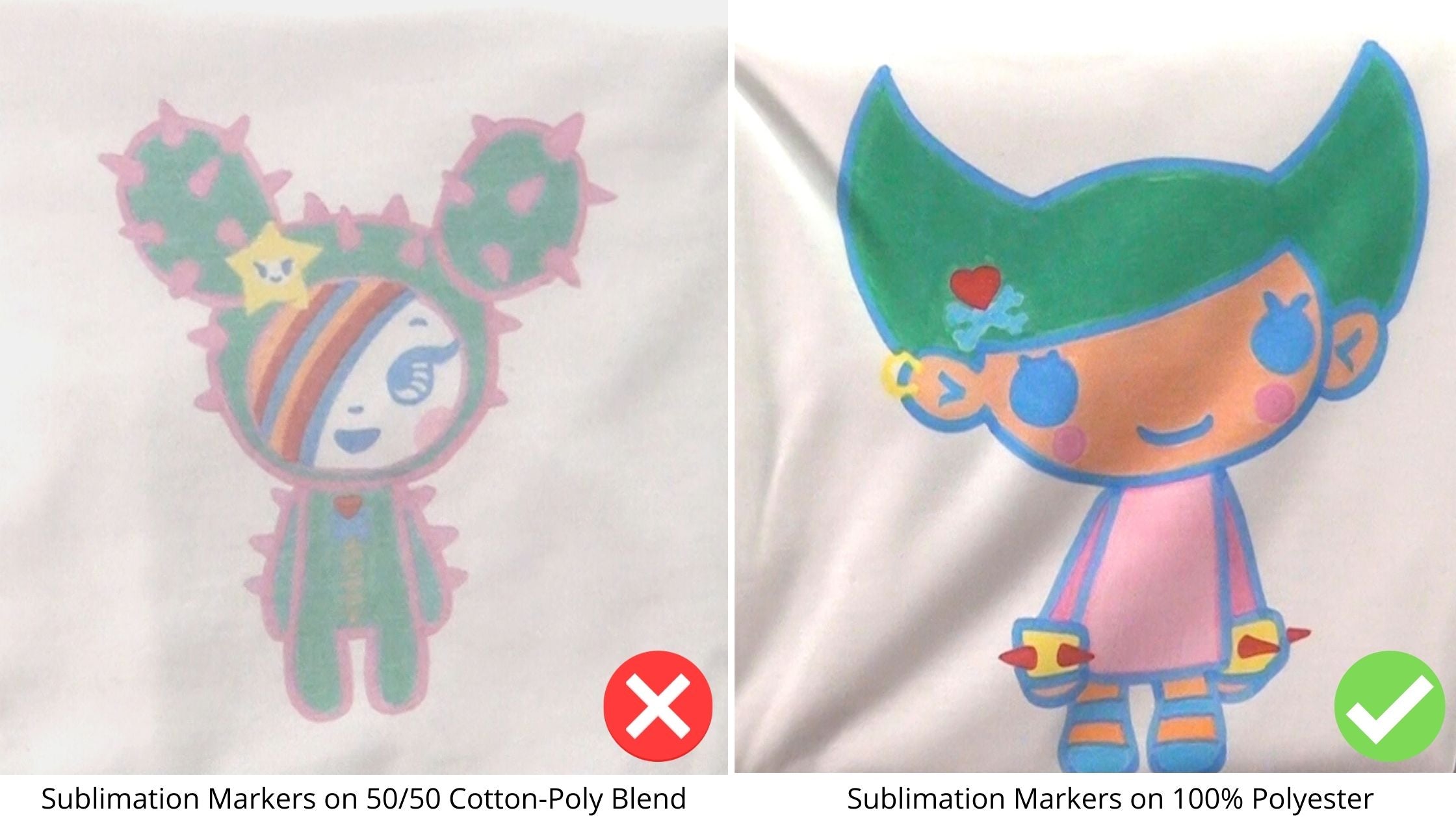 A side-by-side comparison showing the difference between using Siser Sublimation Markers on a 50/50 Cotton-Poly Blend T-Shirt (left) as opposed to a 100% Polyester T-Shirt (right).