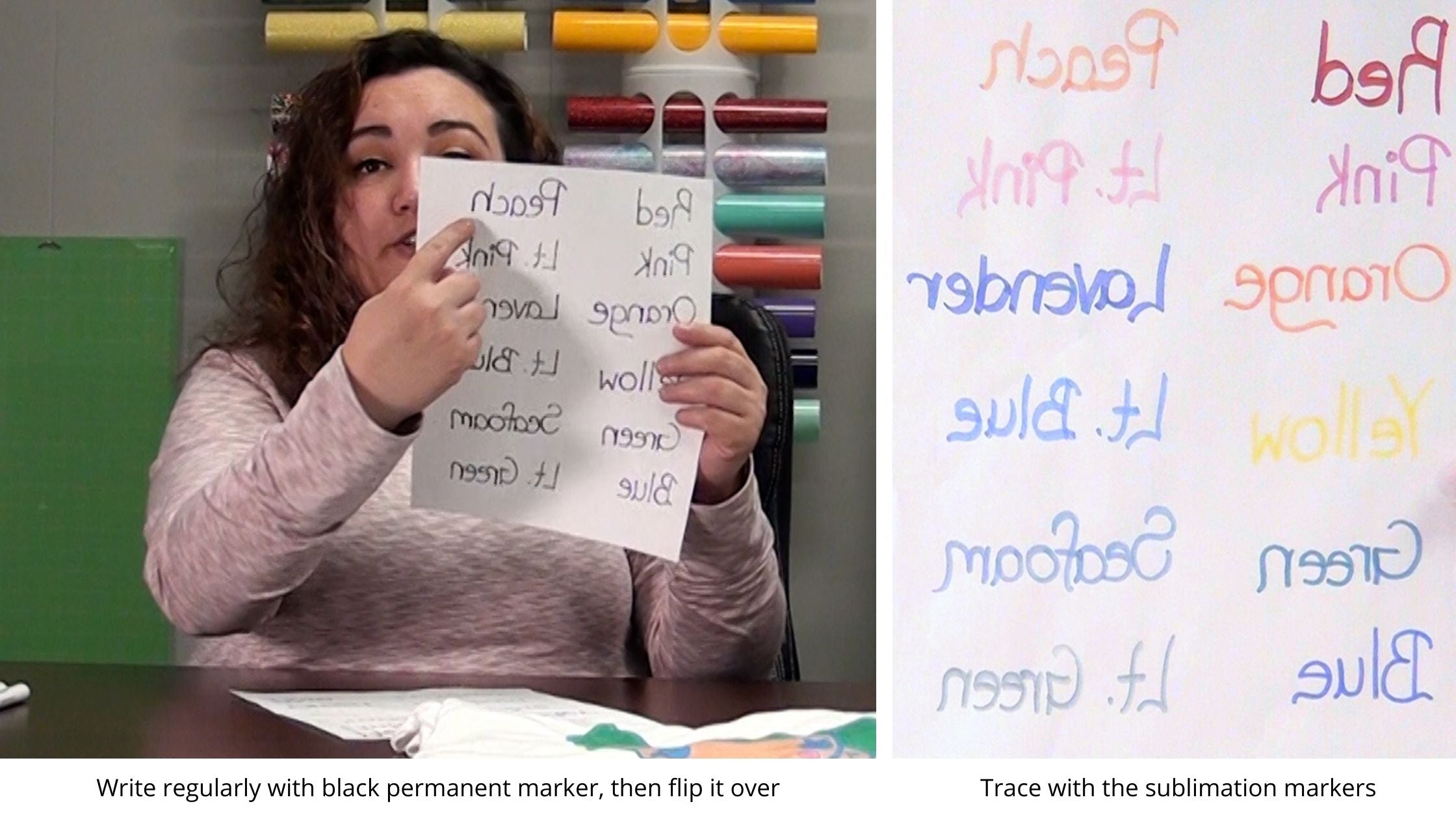 A handy trick shows how to write backwards with our sublimation markers: On a separate sheet of paper, write regularly with a black permanent marker, then flip it over, and trace with the sublimation markers