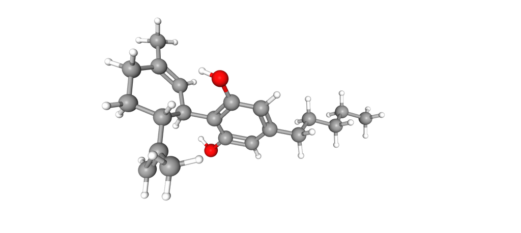 CBD (Cannabidiol) 3D molecular structure.