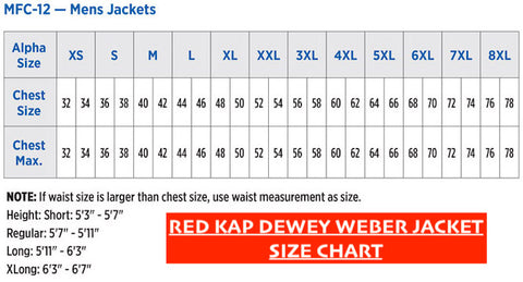 Dewey Weber Red Kap Sizing Chart