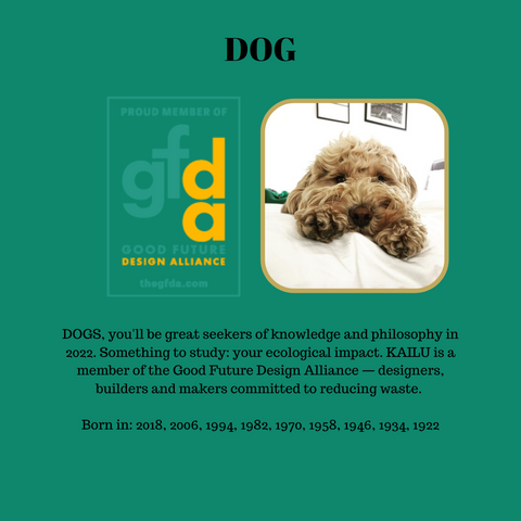 DOGS, you'll be great seekers of knowledge and philosophy in 2022. Something to study: your ecological impact. KAILU is a member of the Good Future Design Alliance — designers, builders and makers committed to reducing waste.  Born in: 2018, 2006, 1994, 1982, 1970, 1958, 1946, 1934, 1922