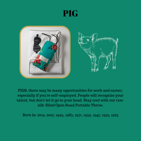 PIGS, there may be many opportunities for work and career, especially if you're self-employed. People will recognize your talent, but don't let it go to your head. Stay cool with our raw-silk-filled Open Road Portable Throw.  Born in: 2019, 2007, 1995, 1983, 1971, 1959, 1947, 1935, 1923