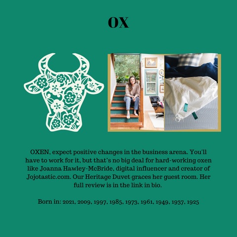 OXEN, expect positive changes in the business arena. You'll have to work for it, but that’s no big deal for hard-working oxen like Joanna Hawley-McBride, digital influencer and creator of Jojotastic.com. Our Heritage Duvet graces her guest room. Her full review is in the link in bio.   Born in: 2021, 2009, 1997, 1985, 1973, 1961, 1949, 1937, 1925