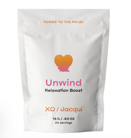 xo/jacqui unwind protein powder contains brown rice and lavender, which both promote sleep