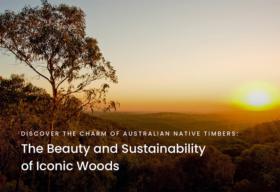 Photograph of an Australian sunset with text overlay promoting the beauty and sustainability of iconic Australian timber species.
