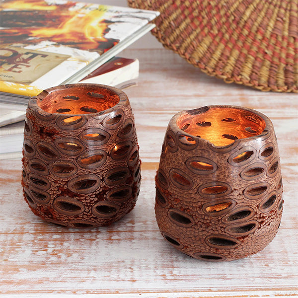 Hand turned Banksia Nut Tea Light Candle Holders, showcasing the unique texture and pattern achieved when the Banksia Grandis seedpod is turned on a lathe