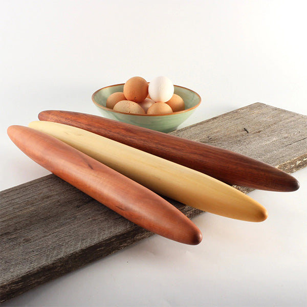 Image of French-style rolling pins made from selected Tasmanian timbers - Huon Pine, Tasmanian Myrtle, Sassafras, and Tasmanian Blackwood