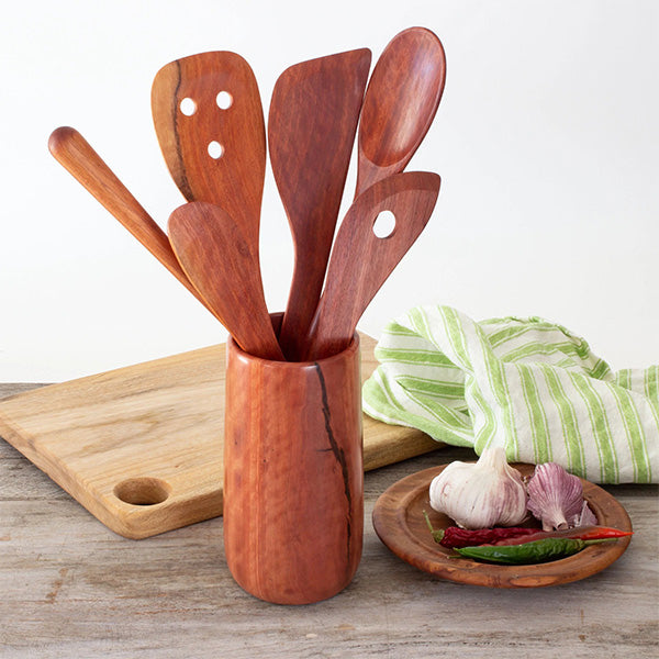 Sturdy and elegant utensil holder made from Australian red hardwood, such as Redgum, Bluegum, or Ironbark
