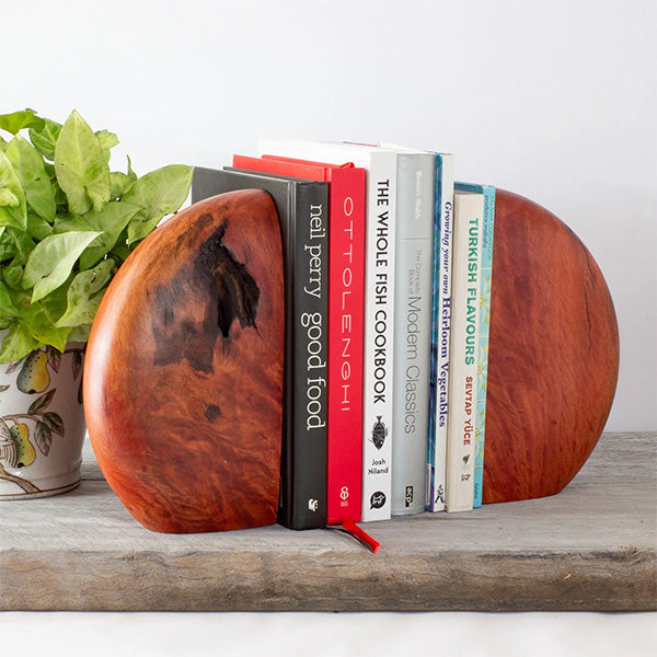 Handcrafted Redgum burl bookends made from salvaged Australian Eucalypt timber, showcasing intricate patterns and whorls with a solid earthy feel