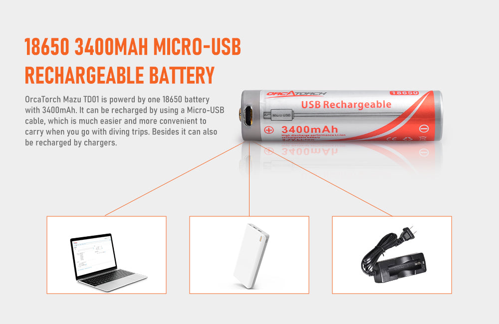 OrcaTorch Mazu TD01 dive headlamp 18650 3400mAh Micro-USB Rechargeable Battery