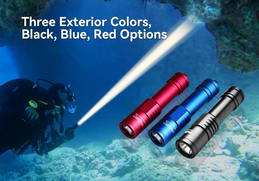 OrcaTorch D520 Scuba Diving Light Three color options, black, blue and red