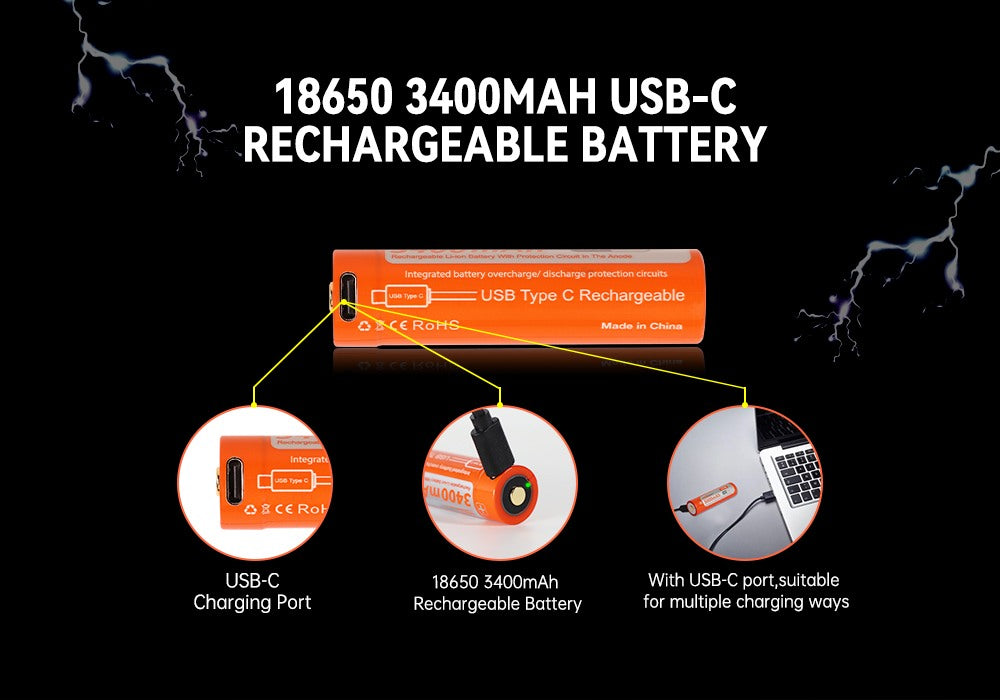 OrcaTorch D520 Scuba Diving Light 18650 3400mAh USB-C Rechargeable Battery