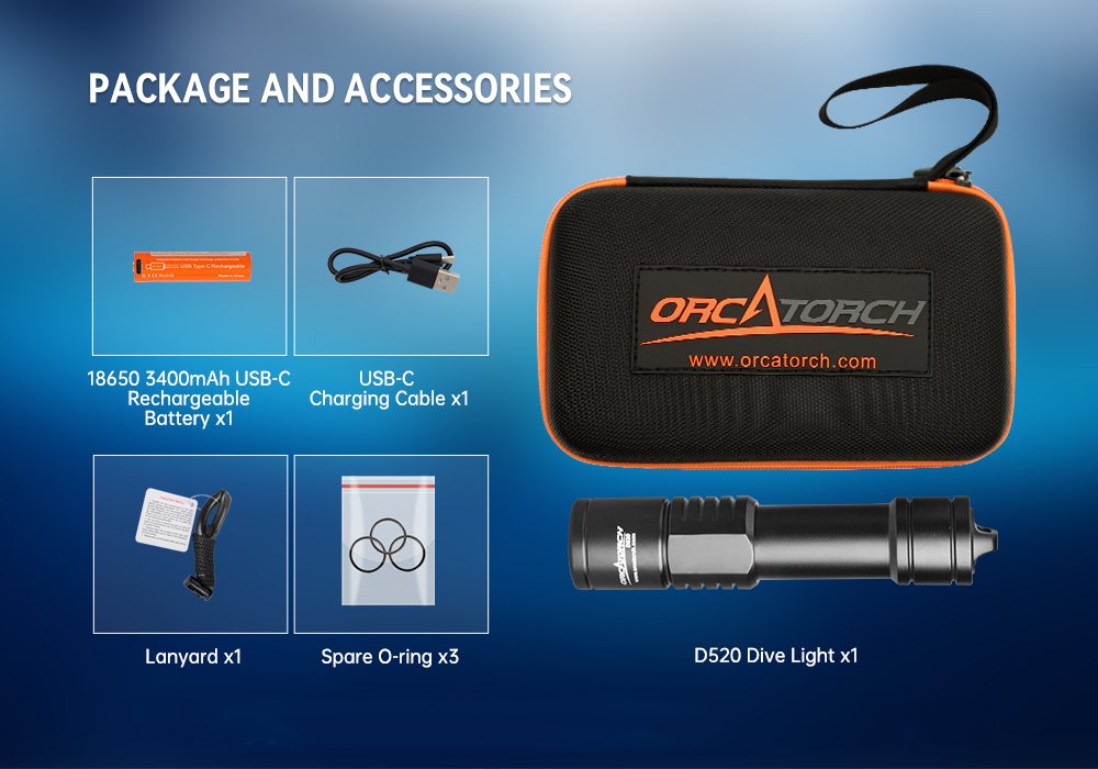 OrcaTorch D520 Scuba Diving Light Package and Accessories